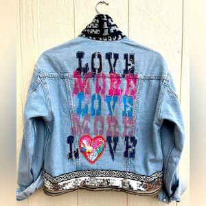 Hand painted, hand embroidered Love More denim jacket